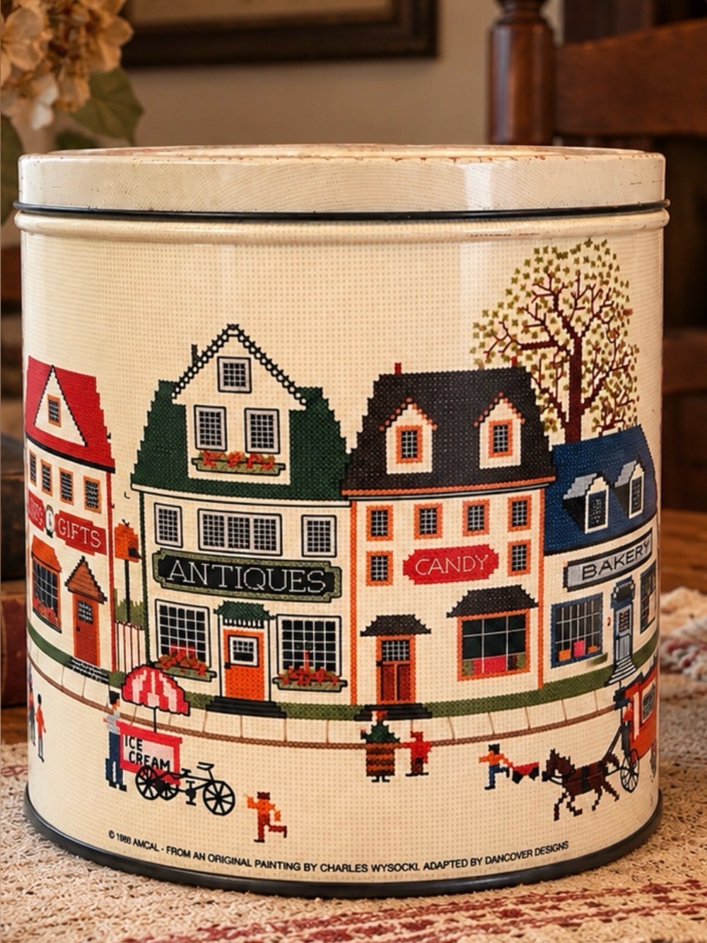 Vintage 1988 Charles Wysocki Dancookie Tin Americana Folk Art Village Cookie Can